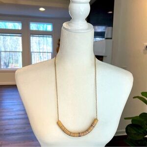 Boho Necklace Tan Wood Blue Design Chain Silver drops 13"